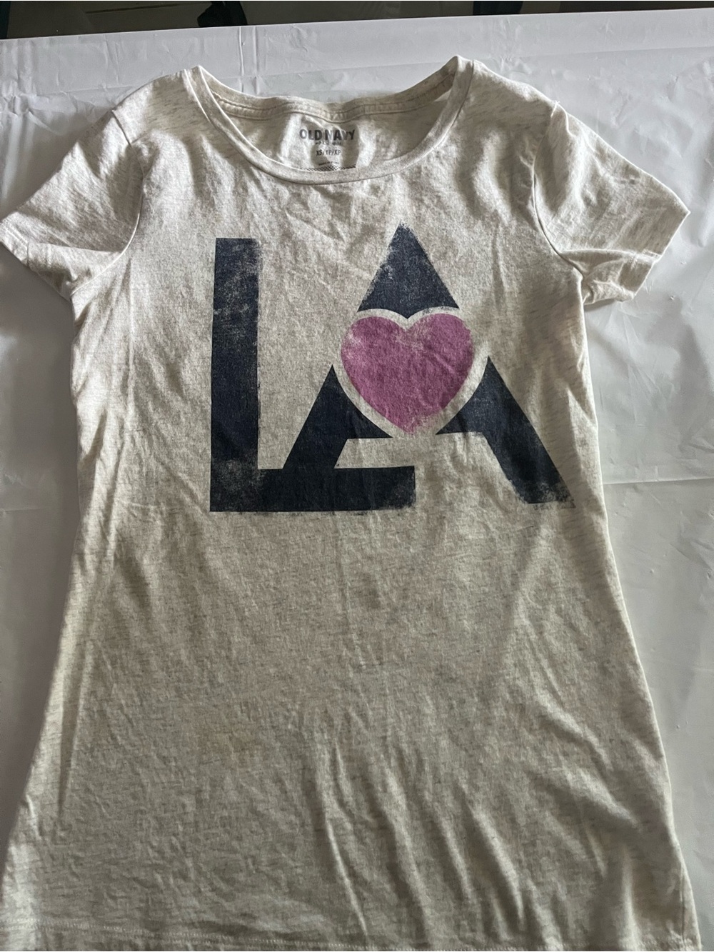 Old Navy White Tee with Navy LA Graphic and Pink Heart